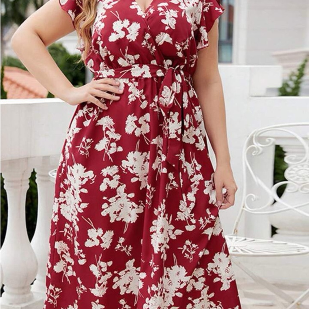 SHEIN Curve Red Floral Wrap Maxi Dress – 4XL, Ruffle Sleeves, Self Tie Waist